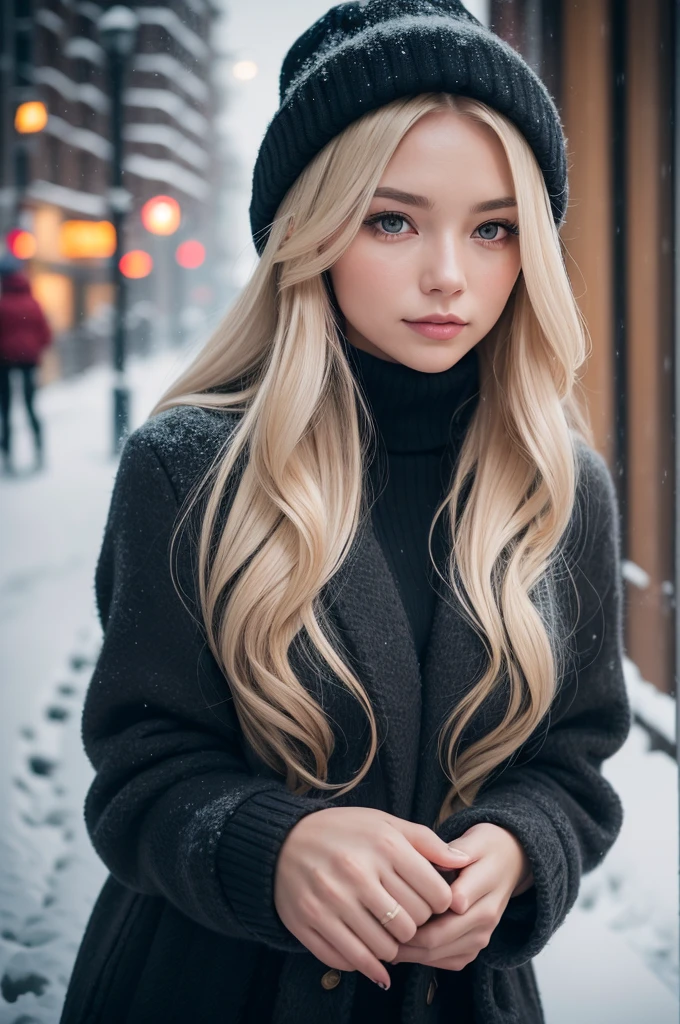 Tohka o professional portrait photograph of a gorgeous Norwegian girl in winter clothing with long wavy blonde hair, sultry flirty look, gorgeous symmetrical face, cute natural makeup, wearing elegant warm winter fashion clothing, ((standing outside in snowy city street)), stunning modern urban environment, ultra realistic, concept art, elegant, highly detailed, intricate, sharp focus, depth of field, f/1. 8, 85mm, medium shot, mid shot, (((professionally color graded))), bright soft diffused light, (volumetric fog), trending on instagram, hdr 4k, 8k