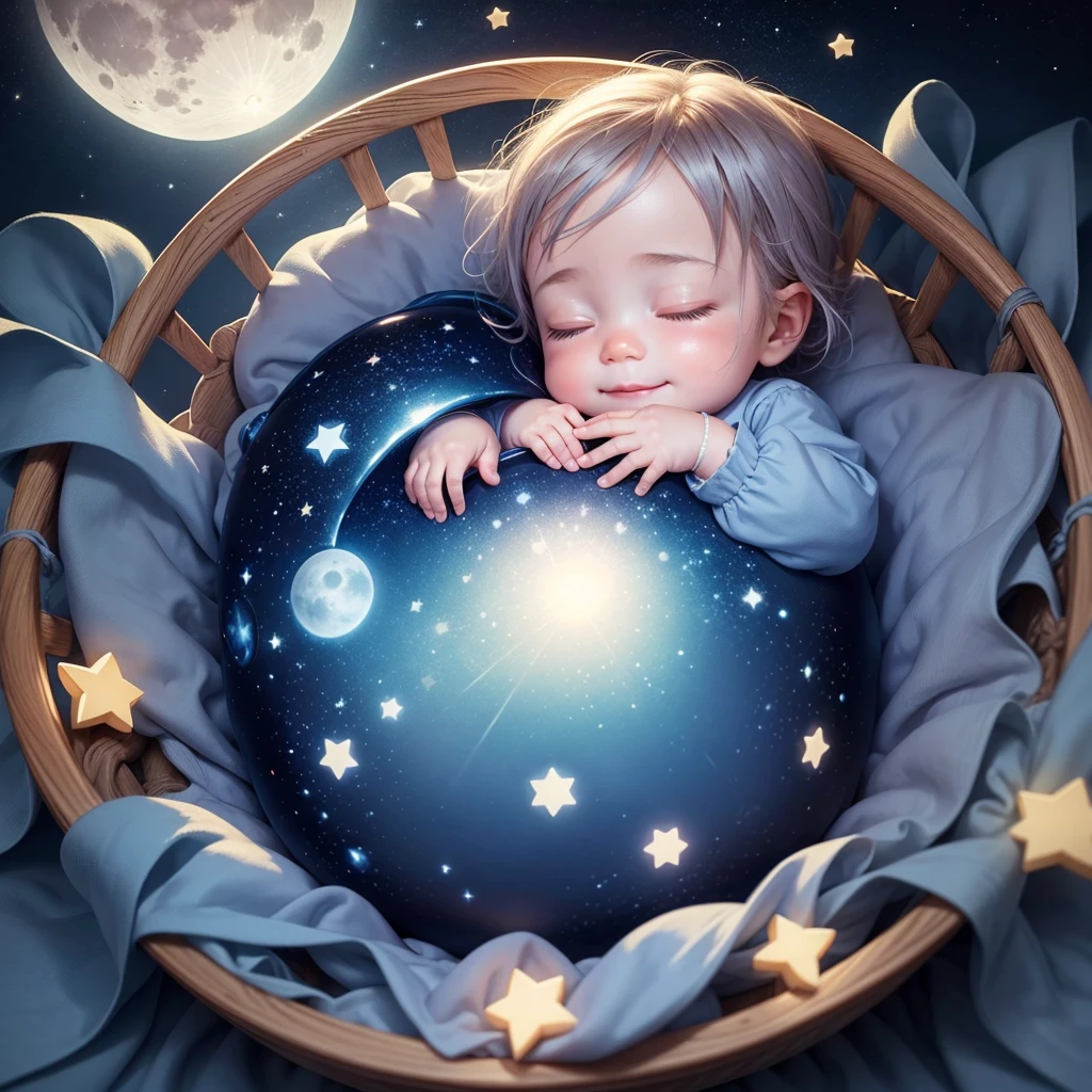 Create a CD cover featuring a serene night scene with a smiling moon and twinkling stars in a deep blue sky. Below, a baby sleeps peacefully in a crib surrounded by soft, glowing clouds. Gentle, pastel colors and whimsical illustrations create a calming and soothing atmosphere