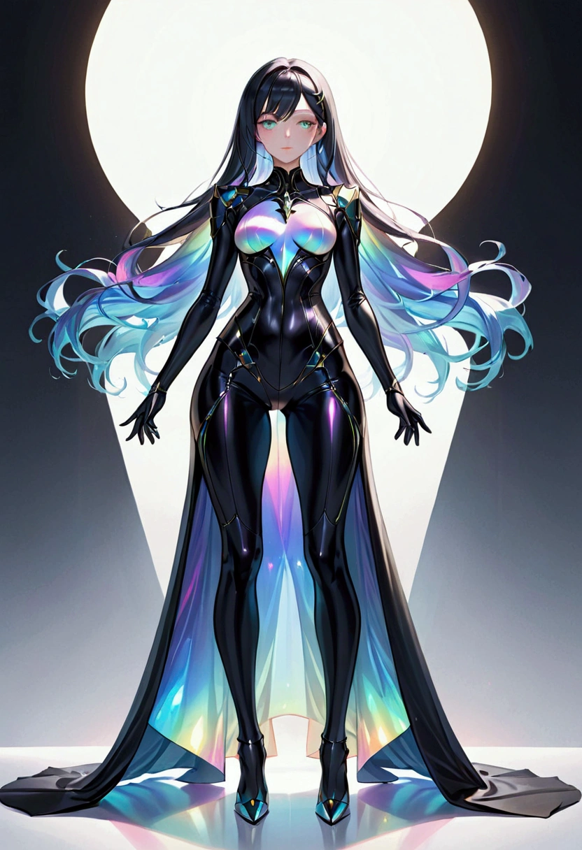 body type features a narrow waist with wider hips and shoulders, giving it an hourglass shape, long iridescent hair, iridescent eyes, full body black suit