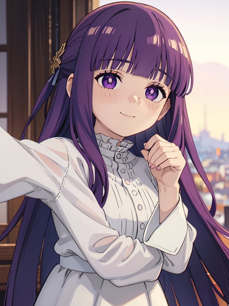 è²ä¼¦,1girl,solo,purple hair,long hair,purple eyes,blunt bangs,sidelocks,half updo,bright pupils, hair ornament,frilled collar,black robe,white dress,center frills,buttons,wide sleeves,long sleeves,curvy,cowboy shot,brown coat,from side,smile,, Exquisite visuals, high-definition,masterpiece,best quality,, 20yo,Young female,Beautiful Finger,Beautiful long legs,Beautiful body,Beautiful Nose,Beautiful character design, perfect eyes, perfect face,expressive eyes, looking at viewer, official art,extremely detailed CG unity 8k wallpaper, perfect lighting,Colorful, Bright_Front_face_Lighting,shiny skin, (masterpiece:1.0),(best_quality:1.0), ultra high res,4K,ultra-detailed, photography, 8K, HDR, highres, absurdres:1.2, Kodak portra 400, film grain, blurry background, bokeh:1.2, lens flare, (vibrant_color:1.2), (beautiful_face:1.5),(narrow_waist),