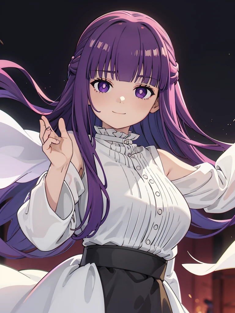 è²ä¼¦,1girl,solo,purple hair,long hair,purple eyes,blunt bangs,sidelocks,half updo,bright pupils, hair ornament,frilled collar,black robe,white dress,center frills,buttons,wide sleeves,long sleeves,curvy,cowboy shot,brown coat,from side,smile,, Exquisite visuals, high-definition,masterpiece,best quality,, 20yo,Young female,Beautiful Finger,Beautiful long legs,Beautiful body,Beautiful Nose,Beautiful character design, perfect eyes, perfect face,expressive eyes, looking at viewer, official art,extremely detailed CG unity 8k wallpaper, perfect lighting,Colorful, Bright_Front_face_Lighting,shiny skin, (masterpiece:1.0),(best_quality:1.0), ultra high res,4K,ultra-detailed, photography, 8K, HDR, highres, absurdres:1.2, Kodak portra 400, film grain, blurry background, bokeh:1.2, lens flare, (vibrant_color:1.2), (beautiful_face:1.5),(narrow_waist),