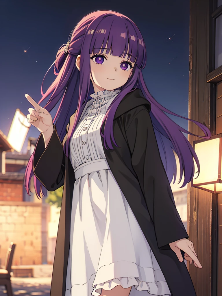 è²ä¼¦,1girl,solo,purple hair,long hair,purple eyes,blunt bangs,sidelocks,half updo,bright pupils, hair ornament,frilled collar,black robe,white dress,center frills,buttons,wide sleeves,long sleeves,curvy,cowboy shot,brown coat,from side,smile,, Exquisite visuals, high-definition,masterpiece,best quality,, 20yo,Young female,Beautiful Finger,Beautiful long legs,Beautiful body,Beautiful Nose,Beautiful character design, perfect eyes, perfect face,expressive eyes, looking at viewer, official art,extremely detailed CG unity 8k wallpaper, perfect lighting,Colorful, Bright_Front_face_Lighting,shiny skin, (masterpiece:1.0),(best_quality:1.0), ultra high res,4K,ultra-detailed, photography, 8K, HDR, highres, absurdres:1.2, Kodak portra 400, film grain, blurry background, bokeh:1.2, lens flare, (vibrant_color:1.2), (beautiful_face:1.5),(narrow_waist),