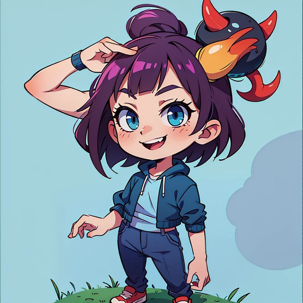 ((Two devil horns on his head))、boy、Purple hair、short hair、Blue-green eyes、Cool smile、red cloak clothes