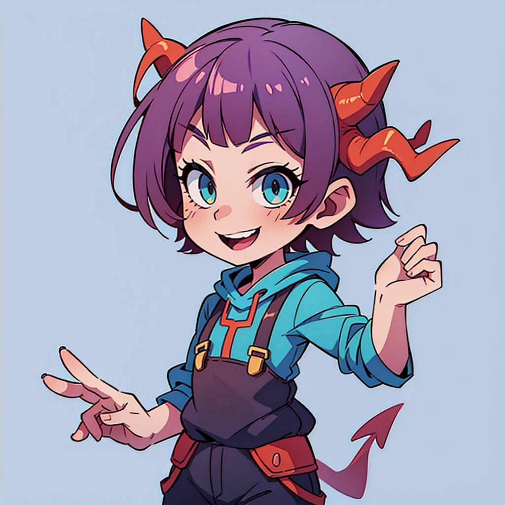 ((Two devil horns on his head))、boy、Purple hair、short hair、Blue-green eyes、Cool smile、red cloak clothes