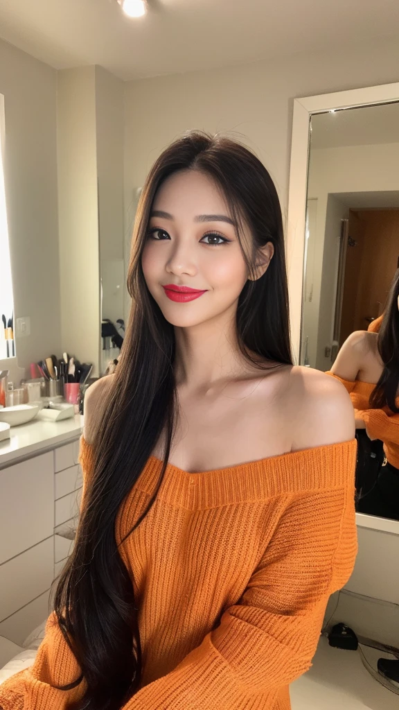 ((Top quality, 8k, Masterpiece: 1.3)). ((Thai Woman)), A pretty woman with perfect figure :1.4, Slender abs :1.2, ((long black hair)), ultra-detailed face, highly detailed lips, detailed eyes, double eyelids, ((Make-up face. Orange lipstick))
((Sweater Bare shoulder)). ((Only shows the face)). ((Only shows the face)). pretty face. captivating. make-up face. long eyelashes, and lips with lipstick. (Smile), ((in front of the make-up mirror))