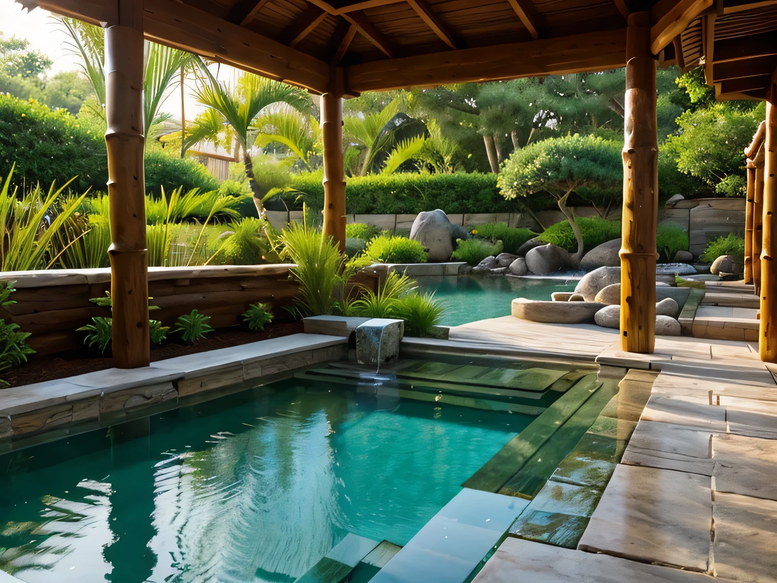 A serene, spa-like setting with elements of tranquility like smooth stones, bamboo, and a calming water feature, ideal for wellness or beauty products.