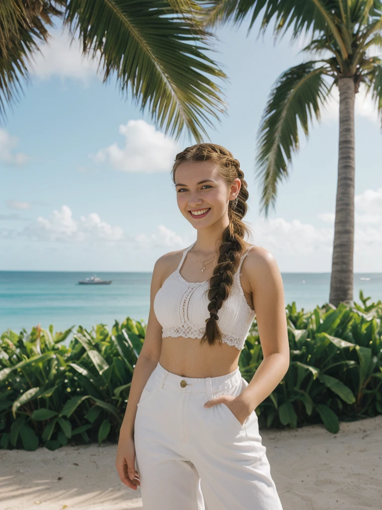 her name is Chrsotine, high quality, 1girl, ((20-year-old fit Caucasian woman)), ((20 years old)), ((fit)), ((Halo Braid)), pose: standing, wearing unique Generation-Z modern wear, BACKGROUND: Caribbean nation on the island of Hispaniola, smiling