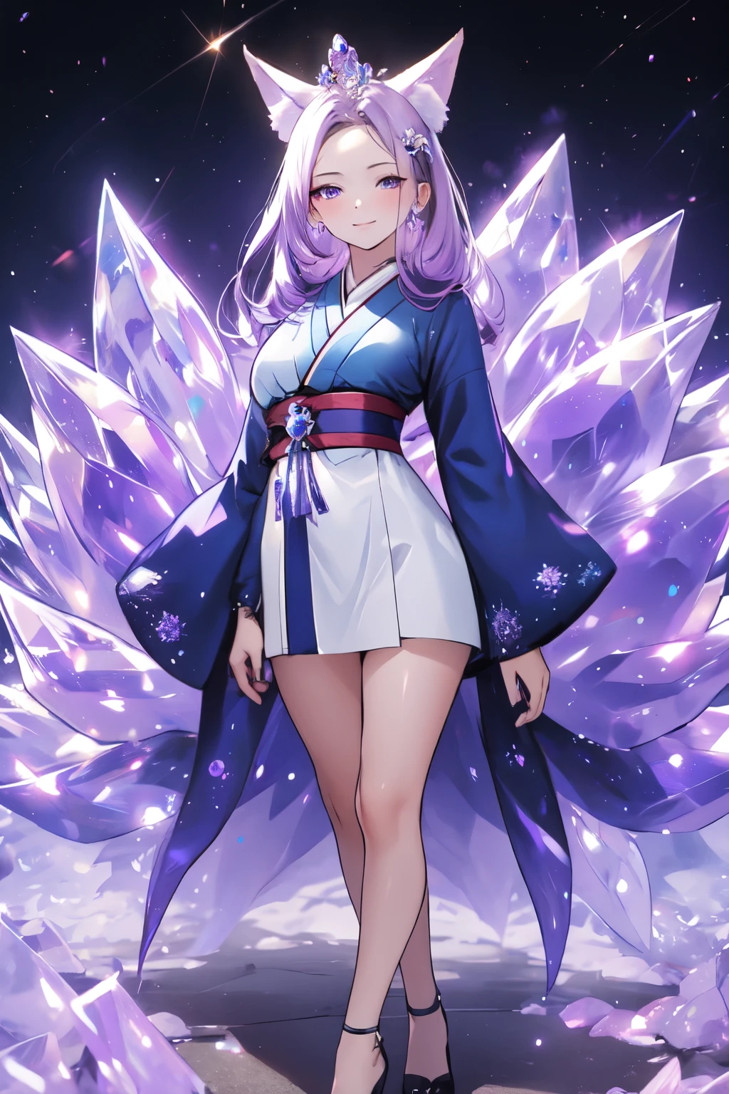 ((best quality)), ((masterpiece)), (detailed), detailed eyes, detailed hands, full-length body image, full-length image, female humanoid kitsune, wearing a short thigh length kimono, standing, crystal crown on top of her head, light purple hair, light purple fox ears, 2 purple crystal fox tails, 1 crystal eight-pointed star shape on forehead, delicate and beautiful detailing, beautiful face, well-proportioned detailed purple eyes, round detailed purple eyes and makeup, beautiful detailed and clear purple eyes, volume smooth and sharp, long flat bangs, fictional art, best photos, best quality, very beautiful and meticulous eight-pointed crystal star on forehead, delicate, mouth closed smile, not fully smiling, with a starry background