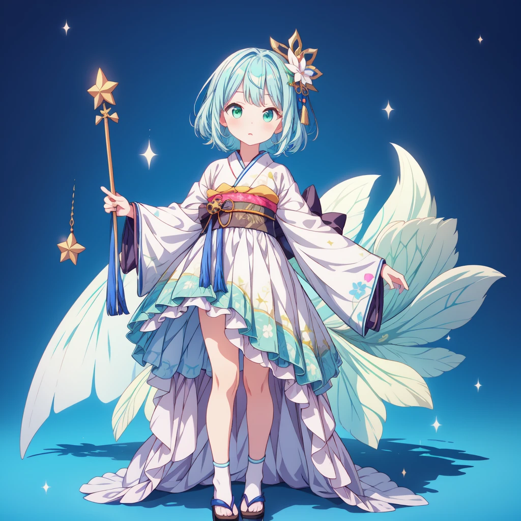1girginal cute hairstyle、Star Fairy、Star incarnation、Character design front view、A picture facing the viewer、(((Super detailed、Highest quality、Masterpiece)))、Original cute hairstyle、Milky white and blue hair color、Simple Green Background、vtuber-fullbody,Gothloli kimono、