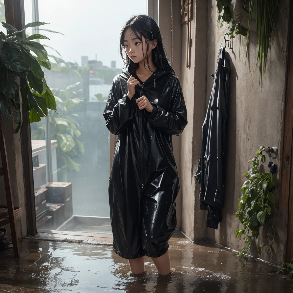 A beautiful girl is standing in wet clothes