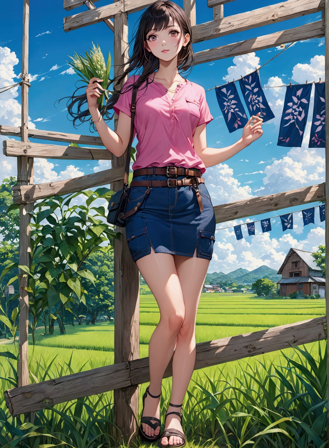 realistic anime illustration of a young beautiful woman standing and looking at viewer at rice field on blue sky rural town, she wearing pink shirt, navi-blue denim cargo pencil mini skirt with belt and black sandals, vivid colors, (1girl, solo, full body), (masterpiece, best quality)