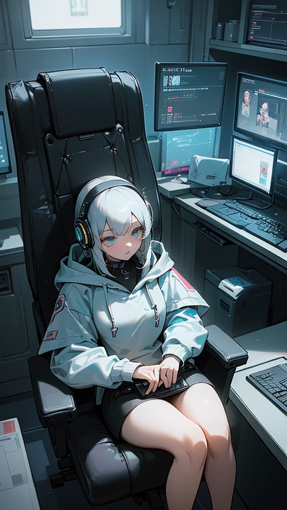 ((Highest quality)), ((masterpiece)), ((Very detailed)), (figure), (Detailed light), (Very delicate and beautiful),
(((alone))),
(Beautiful pretty girl),
((headphone)),(hoodie),
((Cyberpunk Room)),indoor,(computer,screen),Data Stream,window,
((Sit in a gaming chair)),
(Beautiful Eyes),Gray Hair,