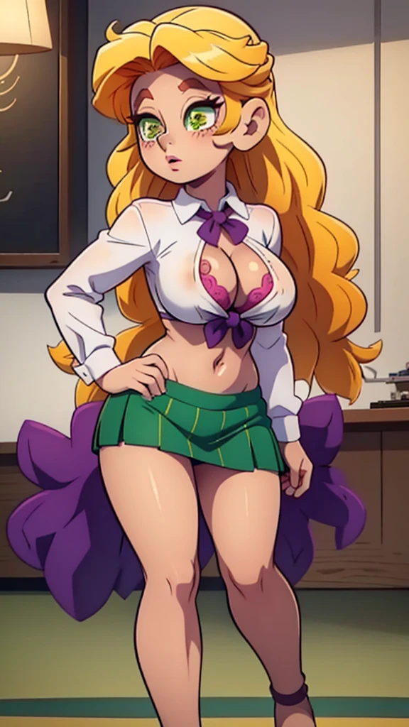 a sexy girl Big breast sensual beautiful popularity beautiful long curly yellow hair her green eye cute pink lip she wears a white button-down shirt tied knot shows navel shows chest Purple bra and a short green skirt black heel