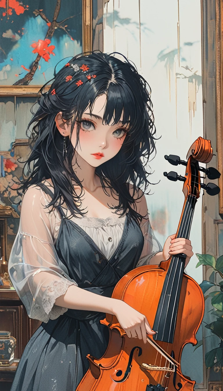 girl violinist, black violin, black dress, playing, art, canvas, skinny, delicate, pale skin, extremely long hair, globes, eyes covered, tight dress, dark vibes, misterious