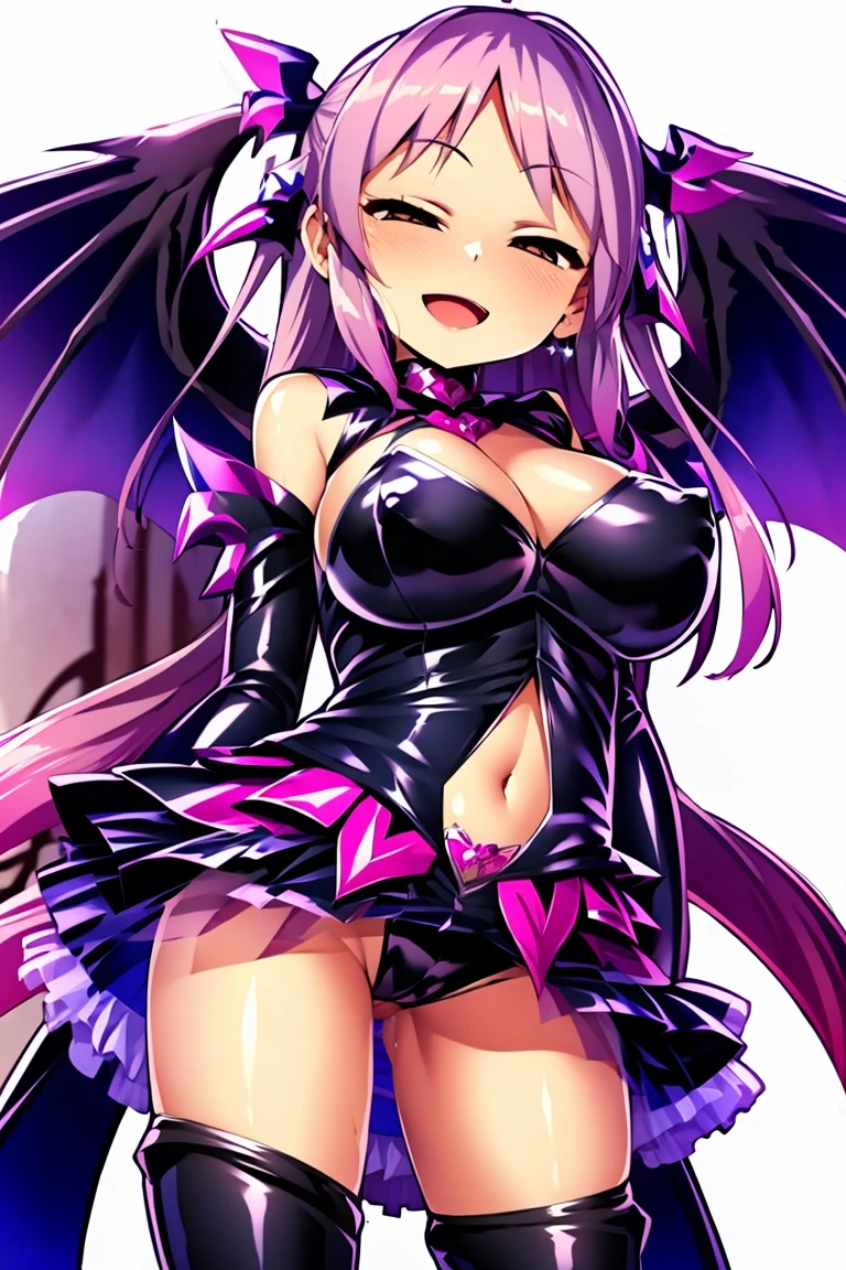 Cure happiness, skirt, Wrist cuff, shorts under skirt, boots, corruption, Hollow Eyes, Half closed eyes, Wicked Smile, There are no students, Crazy Smile, Open your mouth, 1 Girl, Dark Magical Girl,Black costume,Large Breasts(Huge breasts:1.8)