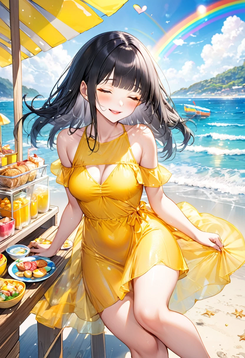 (full body, pov style), (solo:2, 15 yo, blunt bangs:1.3 black hair long hair sexy girl, sexy closed eyes, happy smile, glossy lip, sexy tits), (in a yellow summer Layered one piece dress), break, in the Beach food stalls, background Double Exposure beautiful ocean and beautiful rainbow, BREAK, perfect anatomy, masterpiece, best quality, 16k, beautiful detailed love, sexy, daydreaming expression.