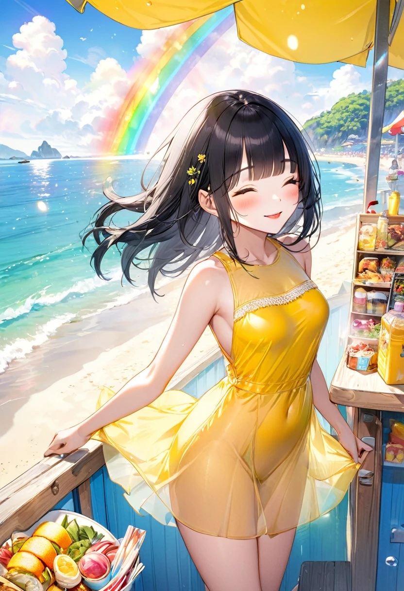 (full body, pov style), (solo:2, 15 yo, blunt bangs:1.3 black hair long hair sexy girl, sexy closed eyes, happy smile, glossy lip, sexy tits), (in a yellow summer Layered one piece dress), break, in the Beach food stalls, background Double Exposure beautiful ocean and beautiful rainbow, BREAK, perfect anatomy, masterpiece, best quality, 16k, beautiful detailed love, sexy, daydreaming expression.