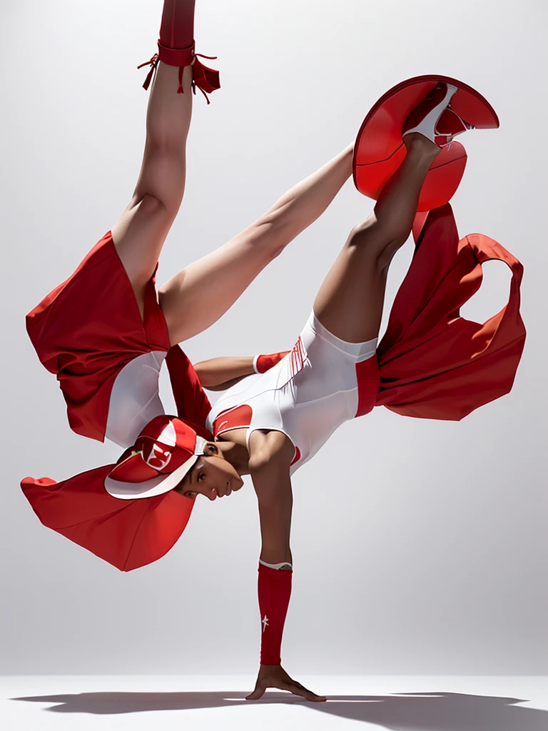 araffe doing a handstand on a white background with a red hat, playful pose of a dancer, dynamic dancing pose, breakdancing, acrobatic pose, dynamic moving pose, portrait of combat dancer, perfect dynamic pose, dramatic action pose, very artistic pose, in an action pose, handsome hip hop young black man, contemporary dance poses