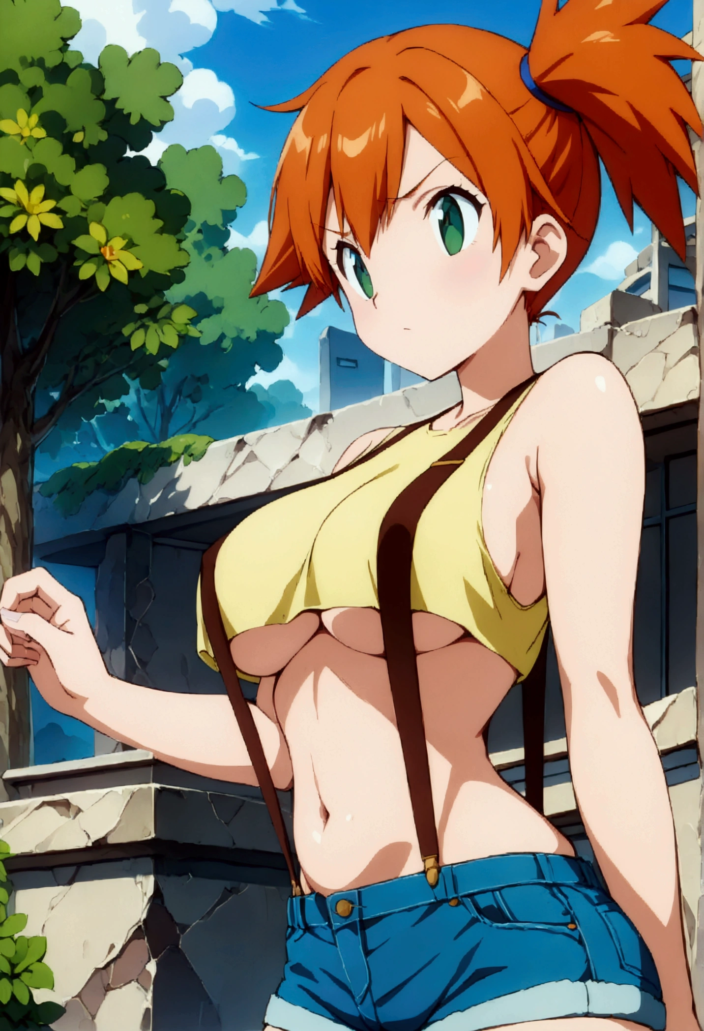 (score_9, score_8_up, score_7_up), ((best quality, masterpiece)),perfect anatomy,((aesthetic,very aesthetic)),official style,(intricate.hyper-detailed), (ultra-high resolution),source_anime.(side view),breast focus ,,,standing pose,  (mature) ,1girl, Outdoor, Green Eyes, Orange Hair, , Yellow Shirt, Sleeveless shirt,belly button, Denim shorts, suspenders, ,   (slender), under_boob,unity 8k wallpaper.extremely detailed CG, ,,
