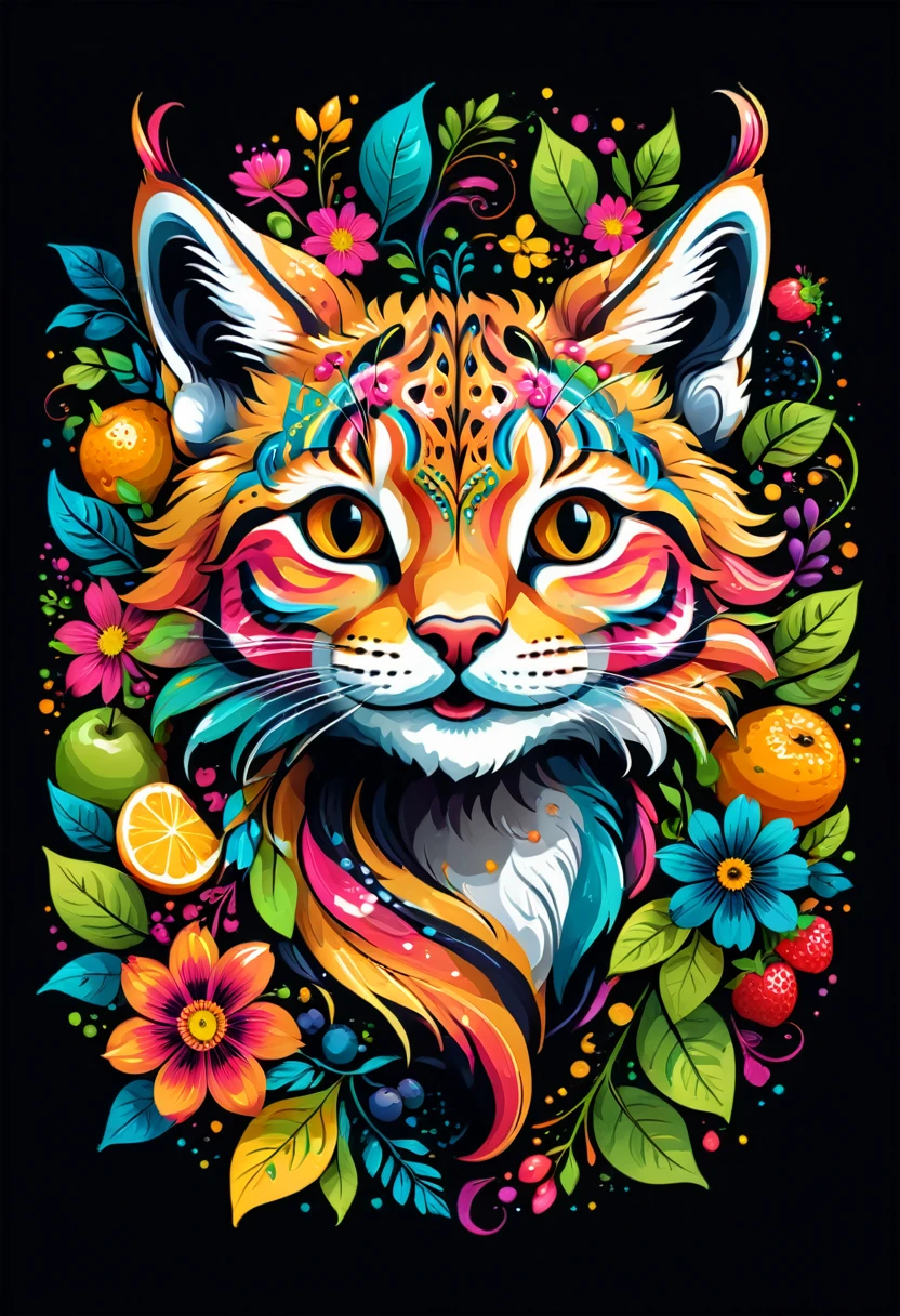  sticker, arte vetorial para  t-shirt design, of a colorful illustration of smiling little lynx, At the center, swirly vibrant colors, flowers, fruits, high détail,black backdrop, t-shirt design.
(artwork, UHD quality, details in 16k, proffesional, perfect composition, very aesthetic, absurdrez, super verbose, Intricate details:1.3)
