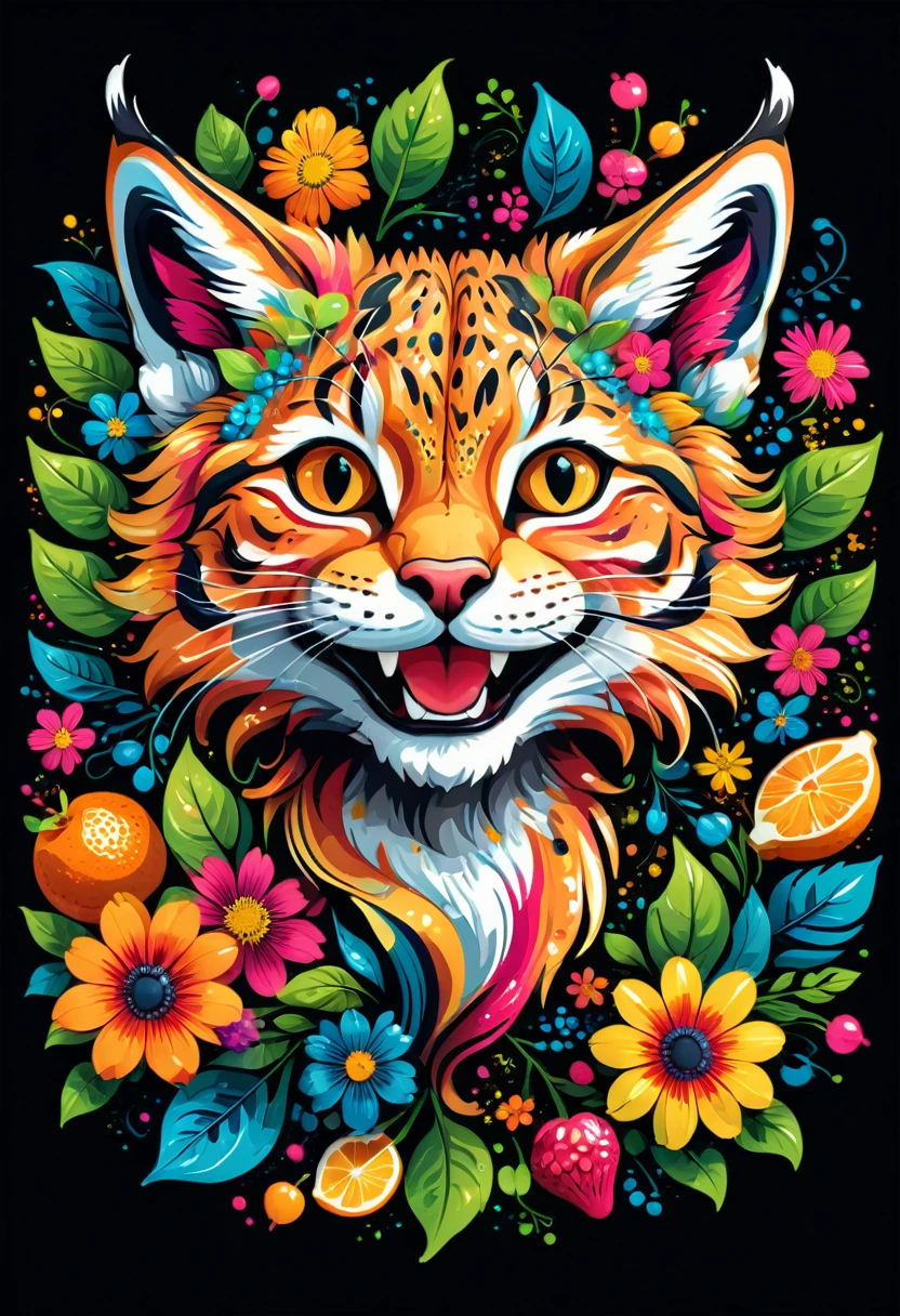  sticker, arte vetorial para  t-shirt design, of a colorful illustration of smiling little lynx, At the center, swirly vibrant colors, flowers, fruits, high détail,black backdrop, t-shirt design.
(artwork, UHD quality, details in 16k, proffesional, perfect composition, very aesthetic, absurdrez, super verbose, Intricate details:1.3)