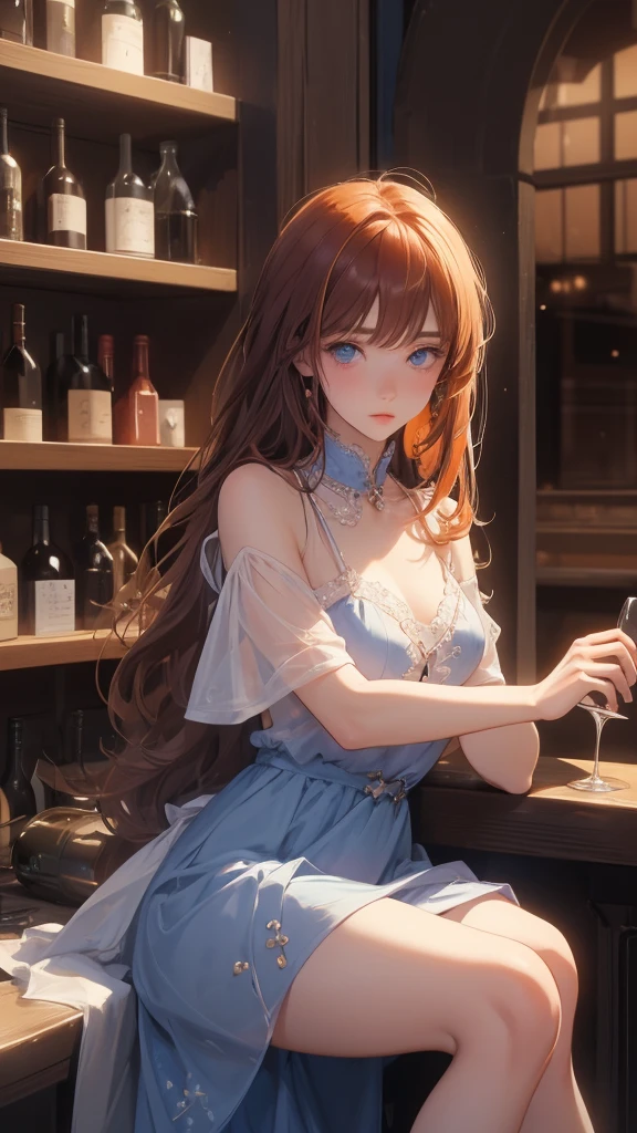 beautiful girl, rosto angelical, extremely sad expression, (melancholic), holding a glass of wine, sitting at the counter of a wine cellar, blue colored eyes, hair orange, work of art, ultra detaild, ((4K))