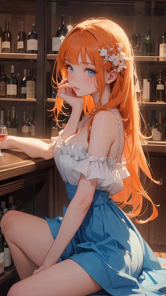 beautiful girl, rosto angelical, extremely sad expression, (melancholic), holding a glass of wine, sitting at the counter of a wine cellar, blue colored eyes, hair orange, work of art, ultra detaild, ((4K))
