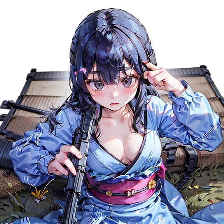 (Fox Girl, Fox Ears, Black colored hair, Fox Makeup, One Girl, Long Hair:1.6), (kimono, Kimono with open chest, A beautiful kimono with red and black patterns, I can see her cleavage, Open chest, Skin is visible:1.8), (Body measurements are 75-60-75!, Young girl body, Small breasts, Small breasts, Emphasize the chest, Prone, Ready your gun?, Take aim, Colt M16A2 rifle:1.9), Avatar, face, lewd face, Dominant representation, naughty face, Uplifting, Skin Texture, outside, Grassy field