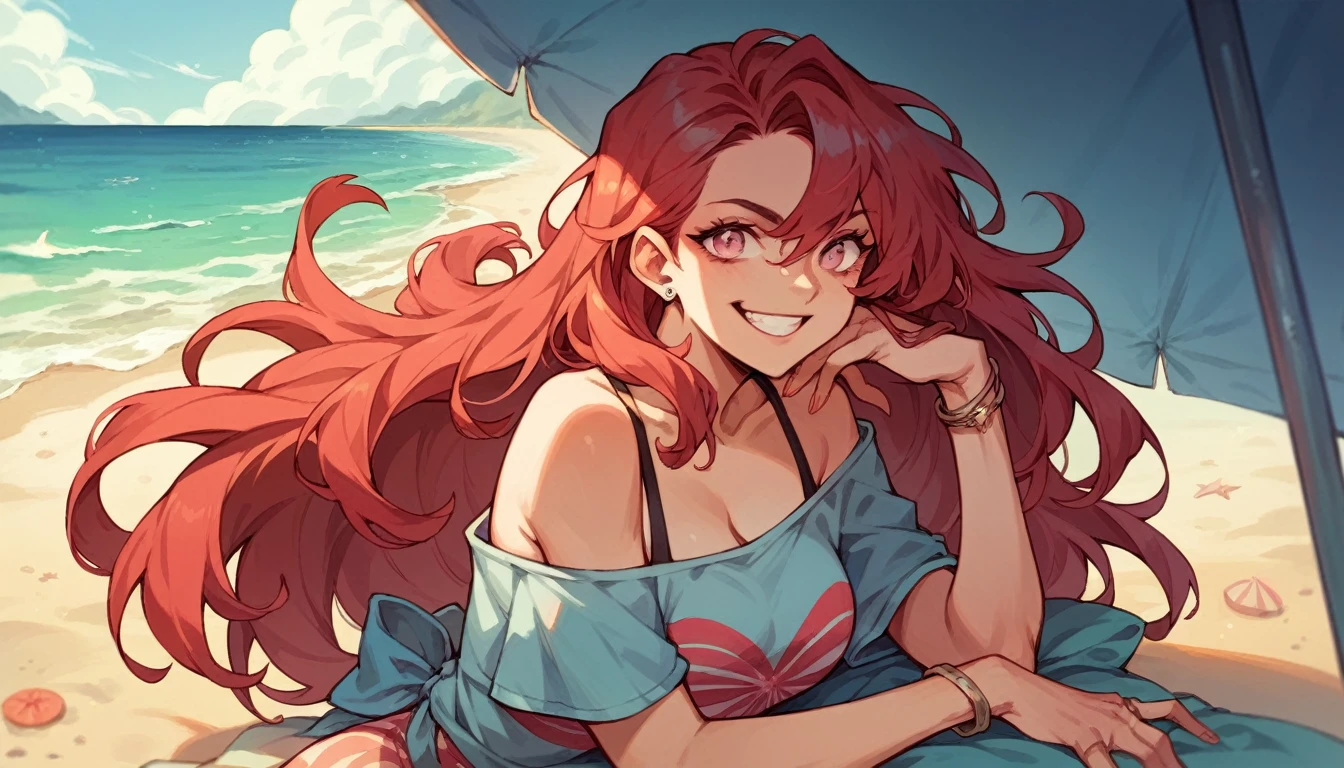 (((adult woman))), pink eyes, (long red hair), Beach clothes, pretentious smile