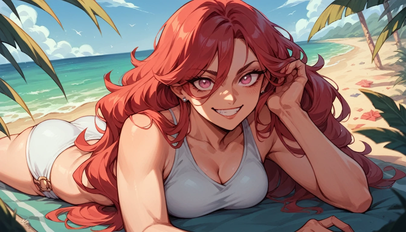 (((adult  woman))), pink eyes, (long red hair), Beach clothes, pretentious smile
