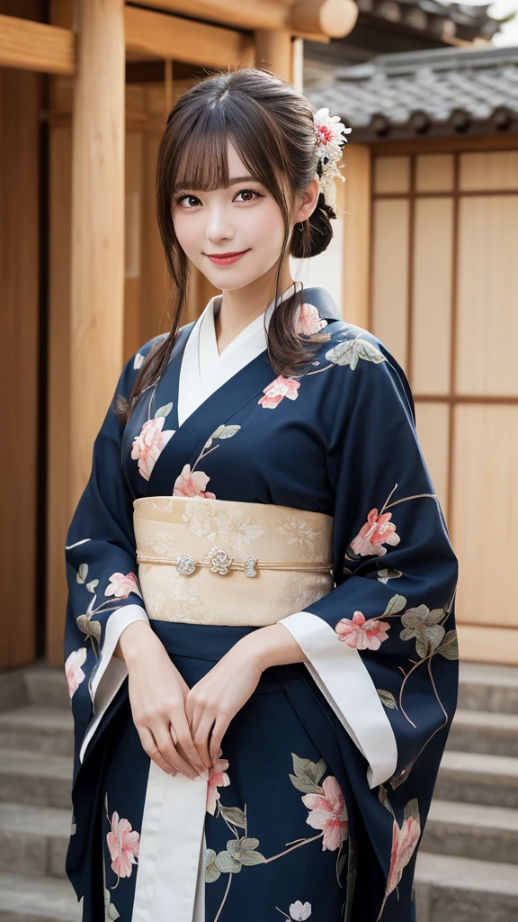 masterpiece, best quality, illustration, ultra-detailed, finely detailed, high resolution, 8K wallpaper, perfect dynamic composition, beautiful detailed eyes, traditional Japanese setting, elegant pose, kimono, smile, looking at camera