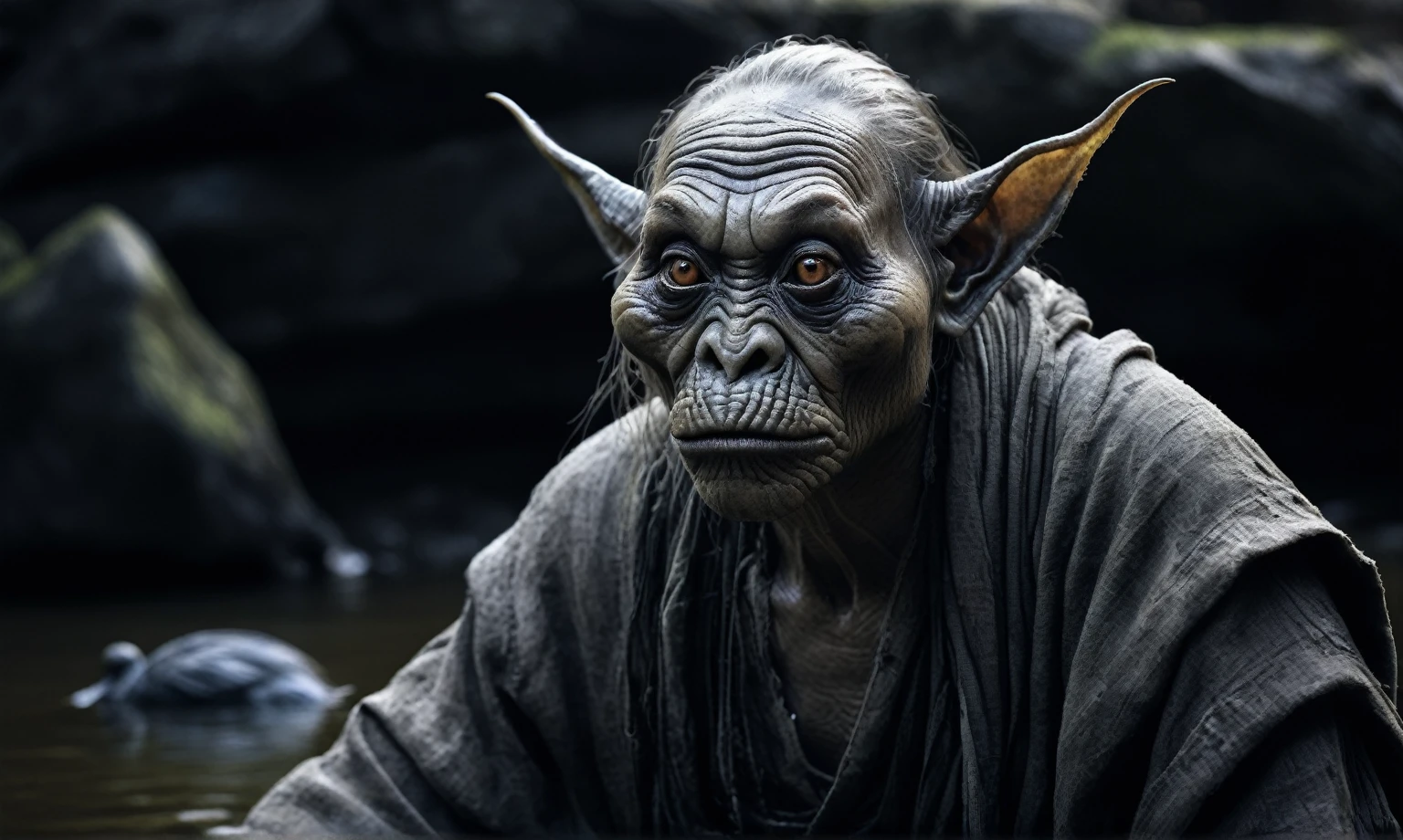 full body length shot,beggar graphite Manganite sparas, wants eat,survival in Korean city of future,Cinematic,soft colors, Technicolor,natural skin textures, hyper realism, hyper detailed,Extremely detailed,High contrast,Masterpiece,Realistic,Ultra Detailed, intricate details,realistic humid leather,extremely intricate,Epic Realistic, cinematic style,irina yermolova,high contrast,hdr,extremely detailed, [deep night landscape],masterpiece,intricate details,faded,eyes extremely detailed, high detailed eyes,16k resolution,RAW,retina, Nikon Z9,China,Songbird,orc,Li River in Guangxi Zhuang of China,tkt style, Pisces, pointed ears，perfect, ginger，transition between two art styles, Ink painting to photorealism, Double contact, X-ray, Creative, vivid light, masterpiece, fantasy, Abstract, Surrealism, super detailed, high resolution, stop:35,(((creature with a spectral and ghostly appearance)). Her skin is pale, almost translucent.strange wears dark, torn clothes that float around him, as if permeated by an aura of mourning. Its appearance is complemented by details such symbols of  gothic elements