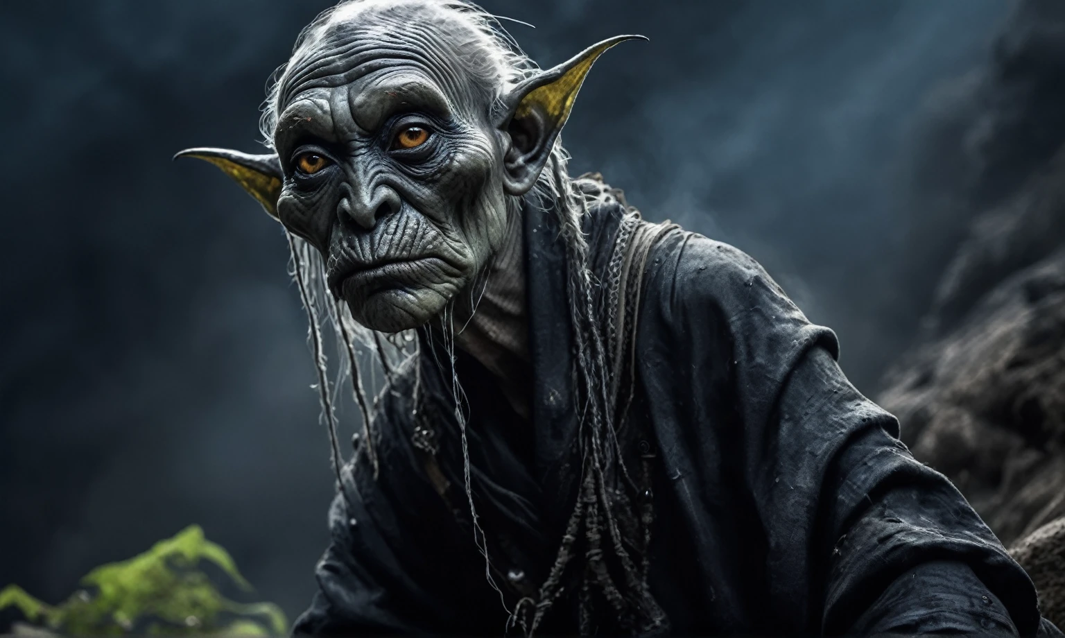 full body length shot,beggar graphite Manganite sparas, wants eat,survival in Korean city of future,Cinematic,soft colors, Technicolor,natural skin textures, hyper realism, hyper detailed,Extremely detailed,High contrast,Masterpiece,Realistic,Ultra Detailed, intricate details,realistic humid leather,extremely intricate,Epic Realistic, cinematic style,irina yermolova,high contrast,hdr,extremely detailed, [deep night landscape],masterpiece,intricate details,faded,eyes extremely detailed, high detailed eyes,16k resolution,RAW,retina, Nikon Z9,China,Songbird,orc,Li River in Guangxi Zhuang of China,tkt style, Pisces, pointed ears，perfect, ginger，transition between two art styles, Ink painting to photorealism, Double contact, X-ray, Creative, vivid light, masterpiece, fantasy, Abstract, Surrealism, super detailed, high resolution, stop:35,(((creature with a spectral and ghostly appearance)). Her skin is pale, almost translucent.strange wears dark, torn clothes that float around him, as if permeated by an aura of mourning. Its appearance is complemented by details such symbols of  gothic elements