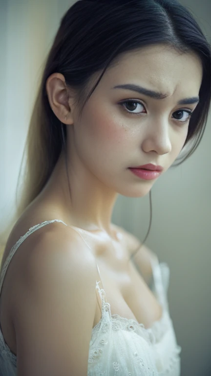 Gorgeous girl, white body, face like pain, feeling sick, depressed expression, super detailed.