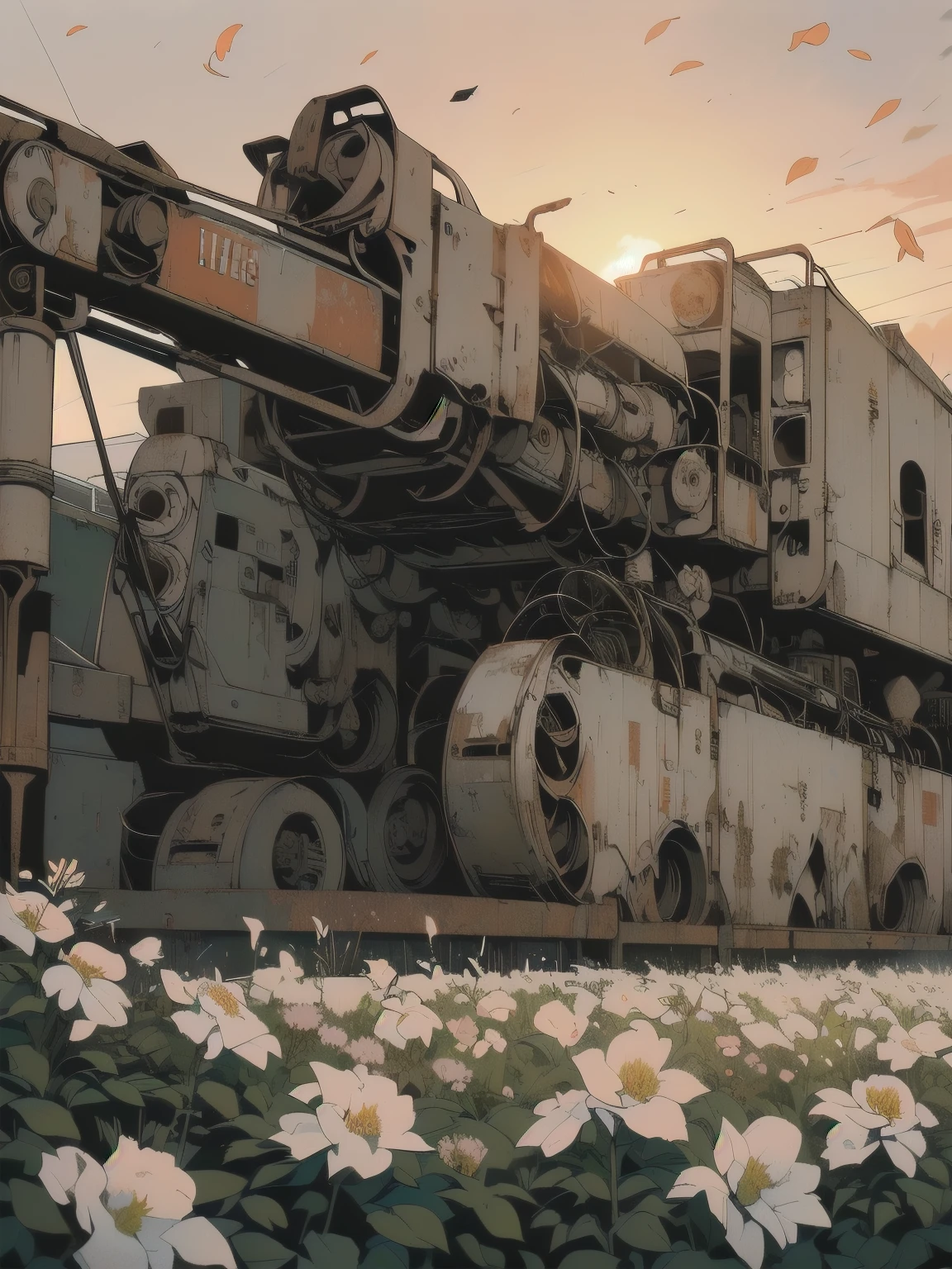 Detailed Machinery、Abandoned Factory、Atrium、(((White Flower Field)))、(((Rusty heavy equipment)))、Gorgeous light leaks、(((Sunset)))、fog、Detailed Background、Highest quality、(((No humans)))、Broken heavy machinery、Complex heavy machinery、Faint lighting、(((Fluttering white petals)))、sunset、(((Dull colors)))、(((Rusty detailed heavy machinery)))、(((Many white flowers fly)))、(((Heavy machinery covered with lots of flowers)))