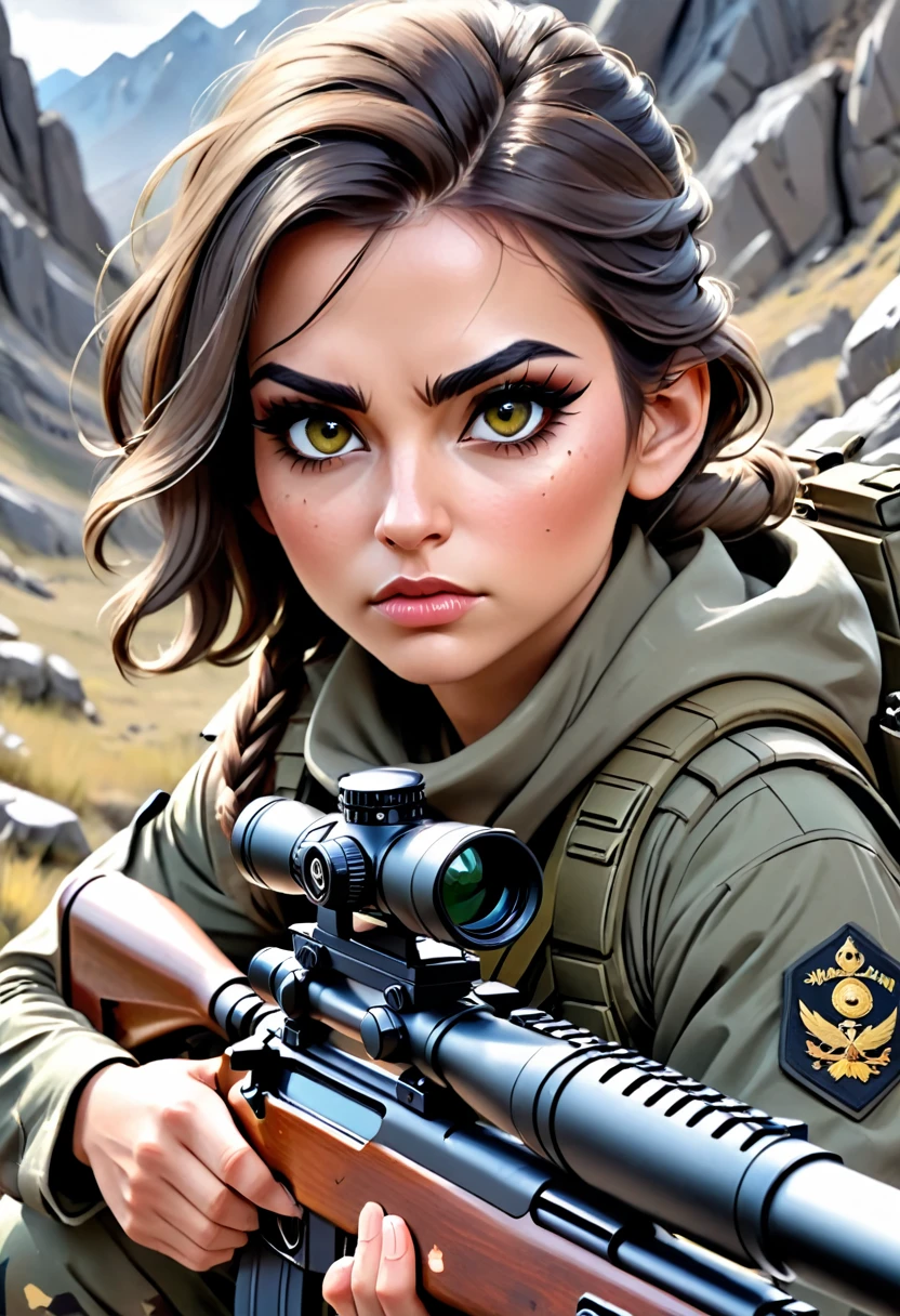 a highly detailed portrait of a sniper, beautiful detailed eyes, beautiful detailed lips, extremely detailed eyes and face, long eyelashes, military uniform, scoped rifle, camouflage face paint, crouching in a sniper position, rocky mountain terrain, moody dramatic lighting, cinematic composition, photorealistic, 8k, hyper detailed