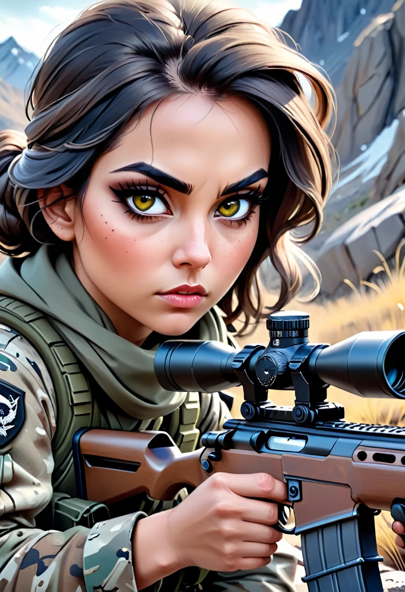 a highly detailed portrait of a sniper, beautiful detailed eyes, beautiful detailed lips, extremely detailed eyes and face, long eyelashes, military uniform, scoped rifle, camouflage face paint, crouching in a sniper position, rocky mountain terrain, moody dramatic lighting, cinematic composition, photorealistic, 8k, hyper detailed