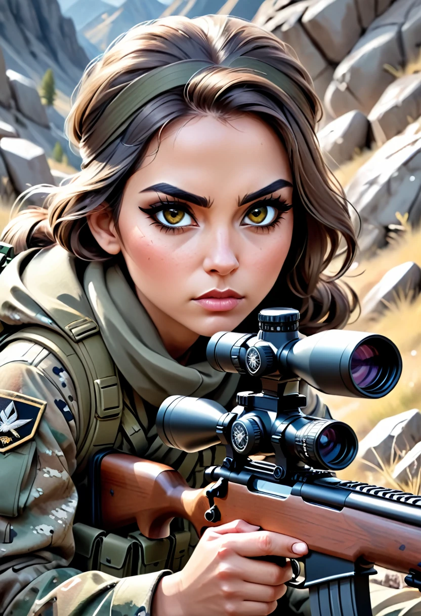 a highly detailed portrait of a sniper, beautiful detailed eyes, beautiful detailed lips, extremely detailed eyes and face, long eyelashes, military uniform, scoped rifle, camouflage face paint, crouching in a sniper position, rocky mountain terrain, moody dramatic lighting, cinematic composition, photorealistic, 8k, hyper detailed