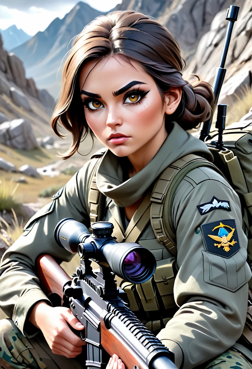 a highly detailed portrait of a sniper, beautiful detailed eyes, beautiful detailed lips, extremely detailed eyes and face, long eyelashes, military uniform, scoped rifle, camouflage face paint, crouching in a sniper position, rocky mountain terrain, moody dramatic lighting, cinematic composition, photorealistic, 8k, hyper detailed