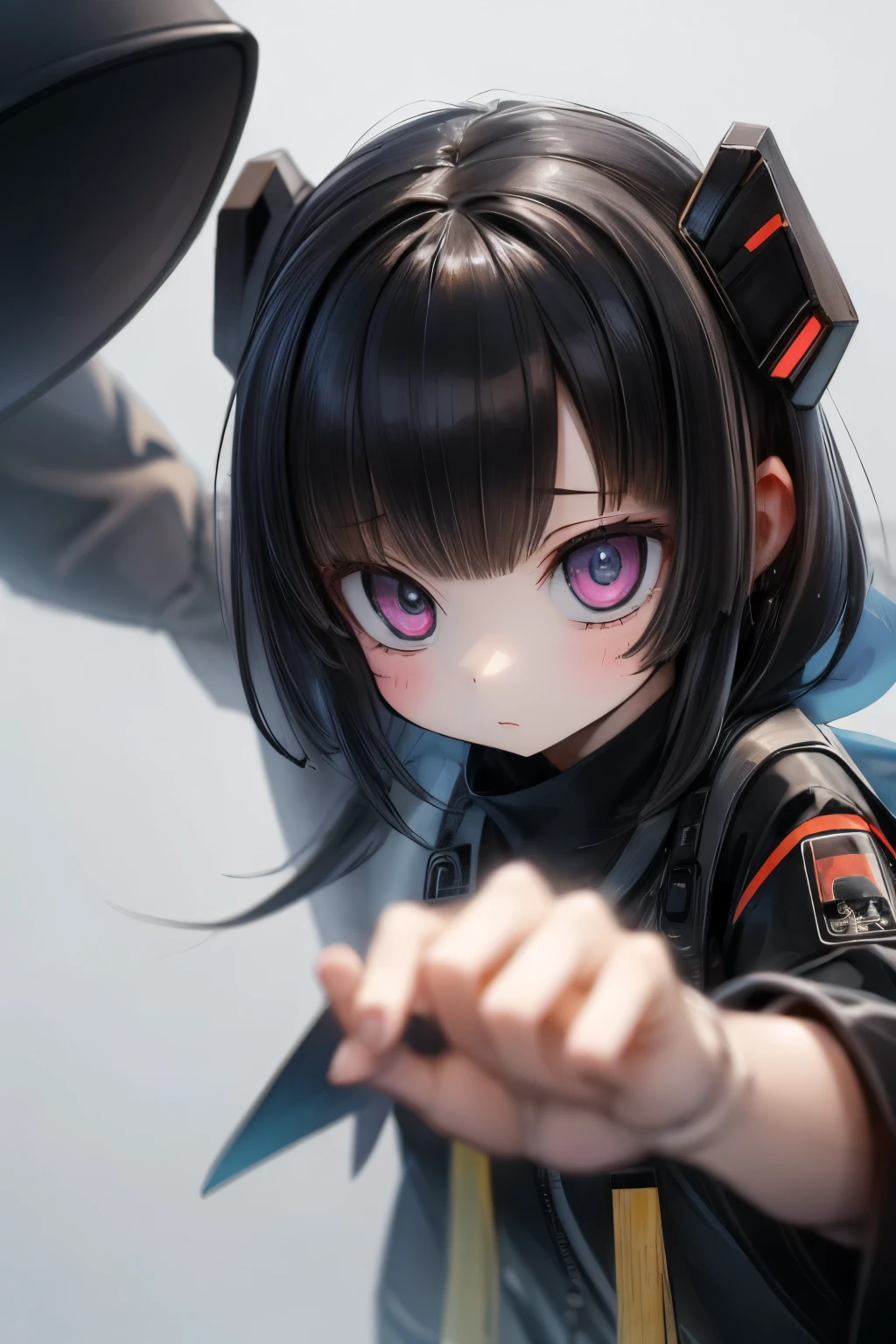 1girl, amiya \(arknights\), arknights, dirty face, outstretched hand, close-up, cinematic angle, foreshortening, dark, dark background, masterpiece, best quality