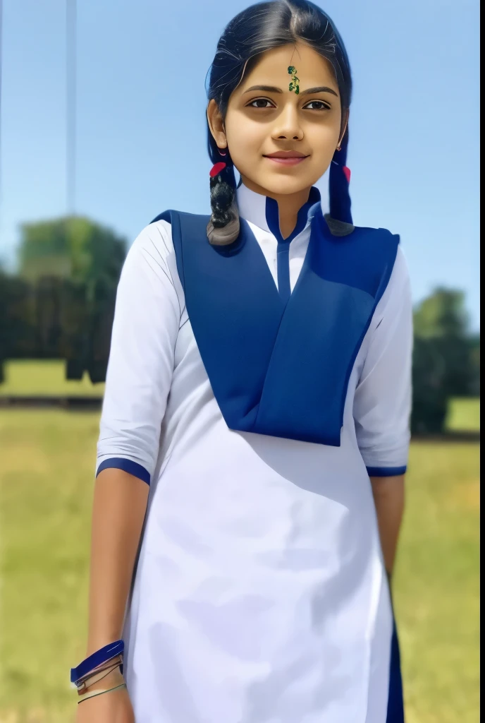 Raw photo , 1 girl ,Wearing salwar kameez uniform, teen school girl, with plait , professional photographer, (hdr:1.4), masterpiece, ultra-realistic 8k, perfect artwork, intrincate details, cute face, award winning photograph, (Best quality, 8k, 32k, Masterpiece, UHD:1.3)