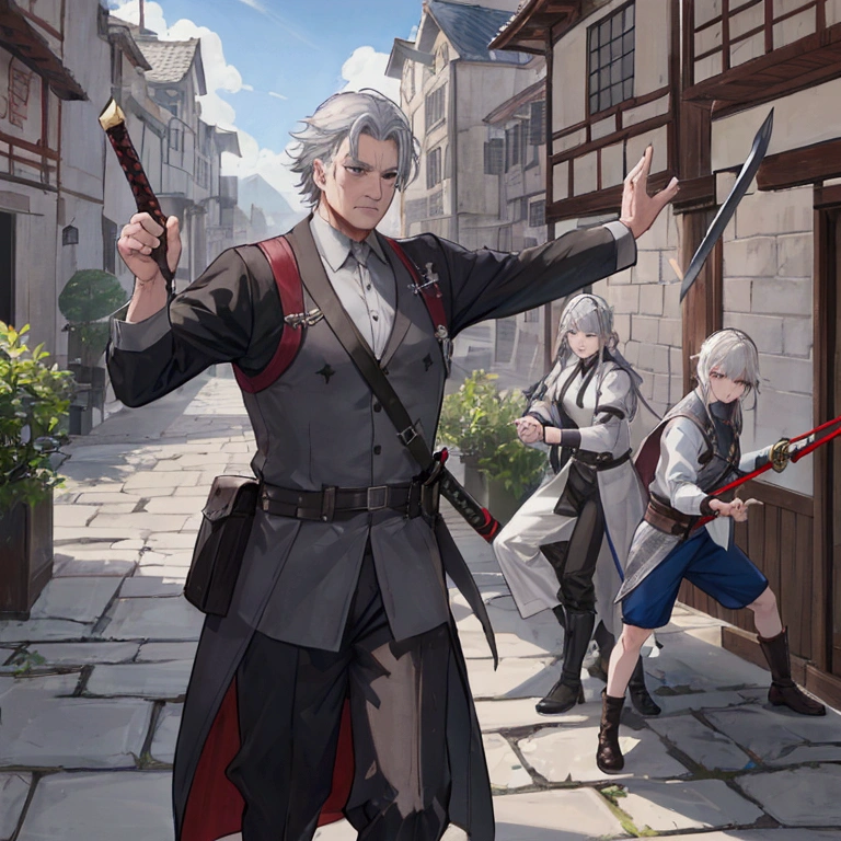 Middle-aged men、Gray Hair、Dressed as an adventurer、Holding a sword、Teaching residents the basics of defense and attack。A scene where the residents are being trained in the town square