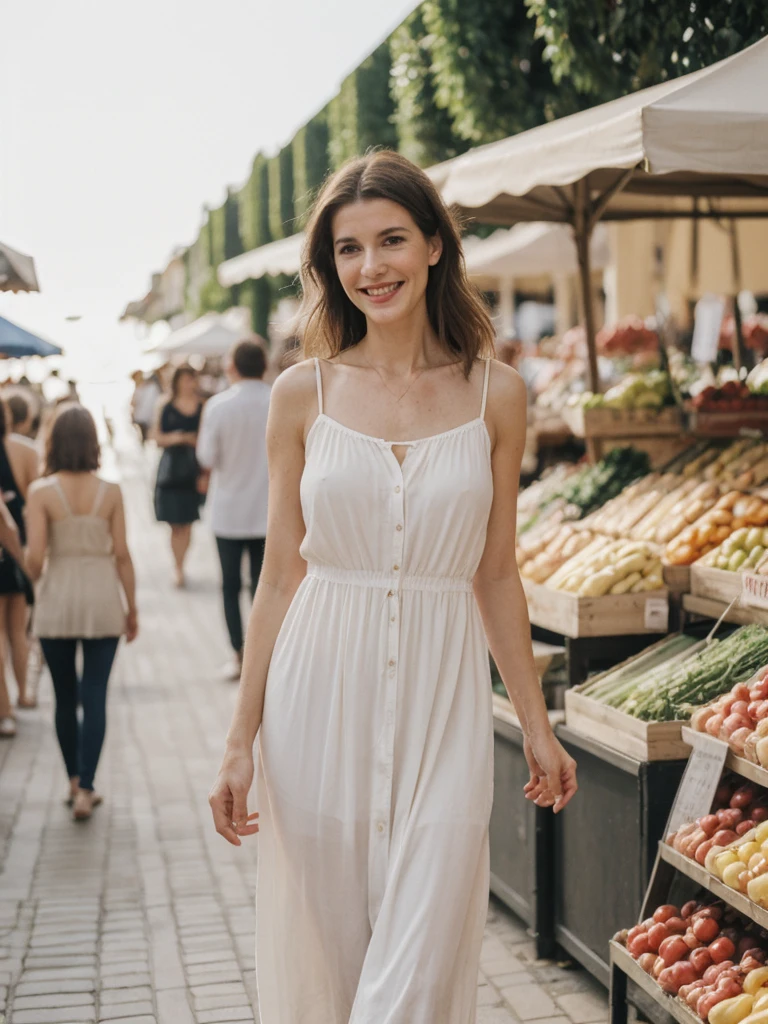 Chloe Laurent, 1girl, solo, realistic, (((consistent face and image))), ((Caucasian mature)), ((French woman)), ((French nose)), ((French lips)), ((French body and skin)), ((upper body and upper legs)), A model in a red sundress walking through outdoor market, smiling
