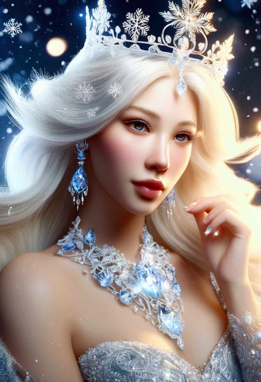 (front close up angle:1.2, blonde hair made of light), frosted style, closely photo of a fierce and beautiful snow queen, blue and blonde hair, (pale skin_frosted lips, frosty eyelashes, light blonde hair), Wearing a dress made of frozen transparent glass, frosty eyelashes, Beautifully detailed high quality tiara and cold golden earrings, realistic eyes, closely, bokeh, 4K, HDR