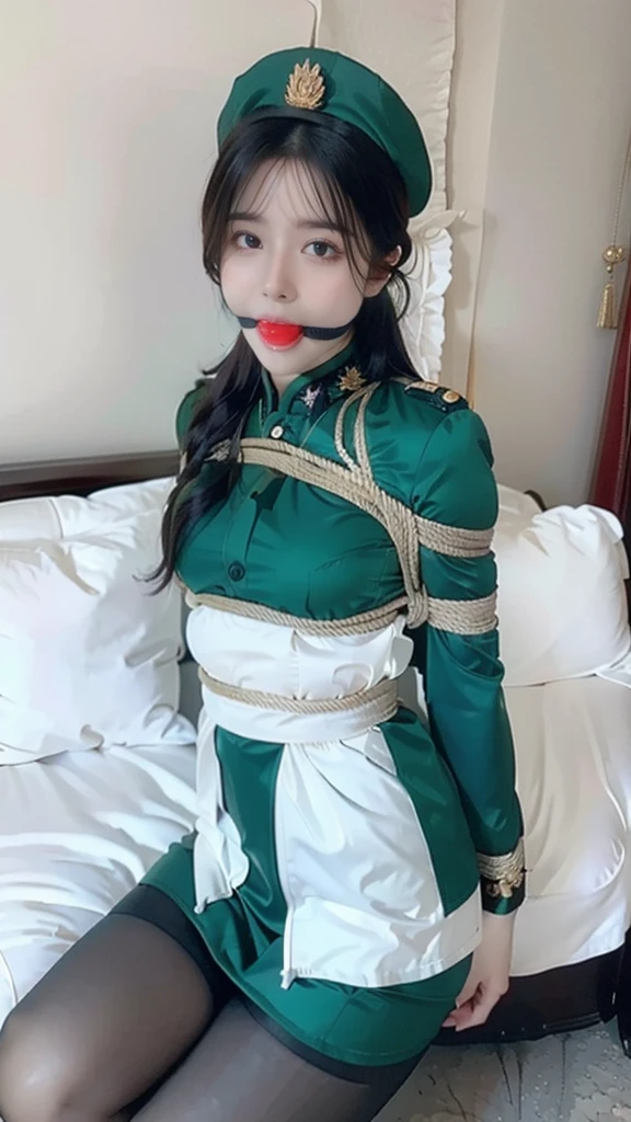 最high quality, masterpiece, 32k、Very detailed、Realistic、1 girl, Japanese women、Emerald green military uniformのコスチューム、High-grade, futuristic, y costume, Emerald green military uniform、US Army military uniform hat、Attractive K-pop idol-like outfits、Emerald green military uniform、class seal、Wears an emerald green military uniform hat(military officer uniform hat), Cute face, (photo Actual:1.3),Edge lighting, (Skin with attention to detail:1.2), 8K超High resolution, Single-lens reflex camera, high quality, High resolution, 4K, 8K, Optimal ratio of four fingers to one thumb, (Actual:1.3), cute 1 girl, Realistic、Super Realistic、32k、Very detailed、masterpiece, 最high quality, beautiful girl, beauty、Gorgeous girl, Medium chest、Big Assarrow waist, Leg spread, Plenty of facial detail, City of the Future, Super detailed, High resolution, masterpiece, high quality, High resolution, bondagari,handsehind back:1.5), (Shibari:1.21),Tied u tied, ballgag