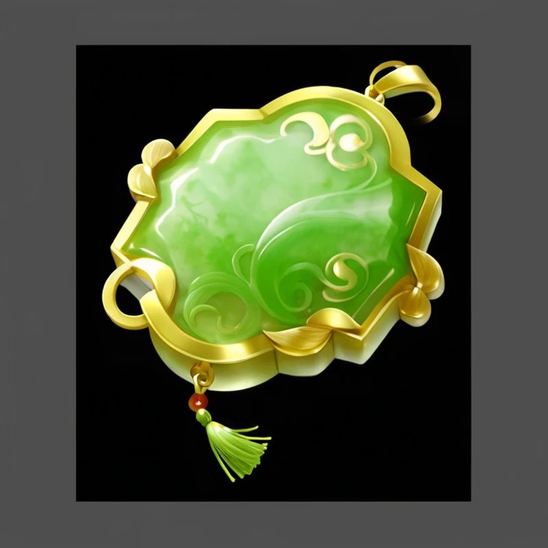 绿色的Jade Pendant,Golden tassels。Jade Pendant,Game Resources。 雕刻着花纹的Jade Pendant,Hand drawn texture