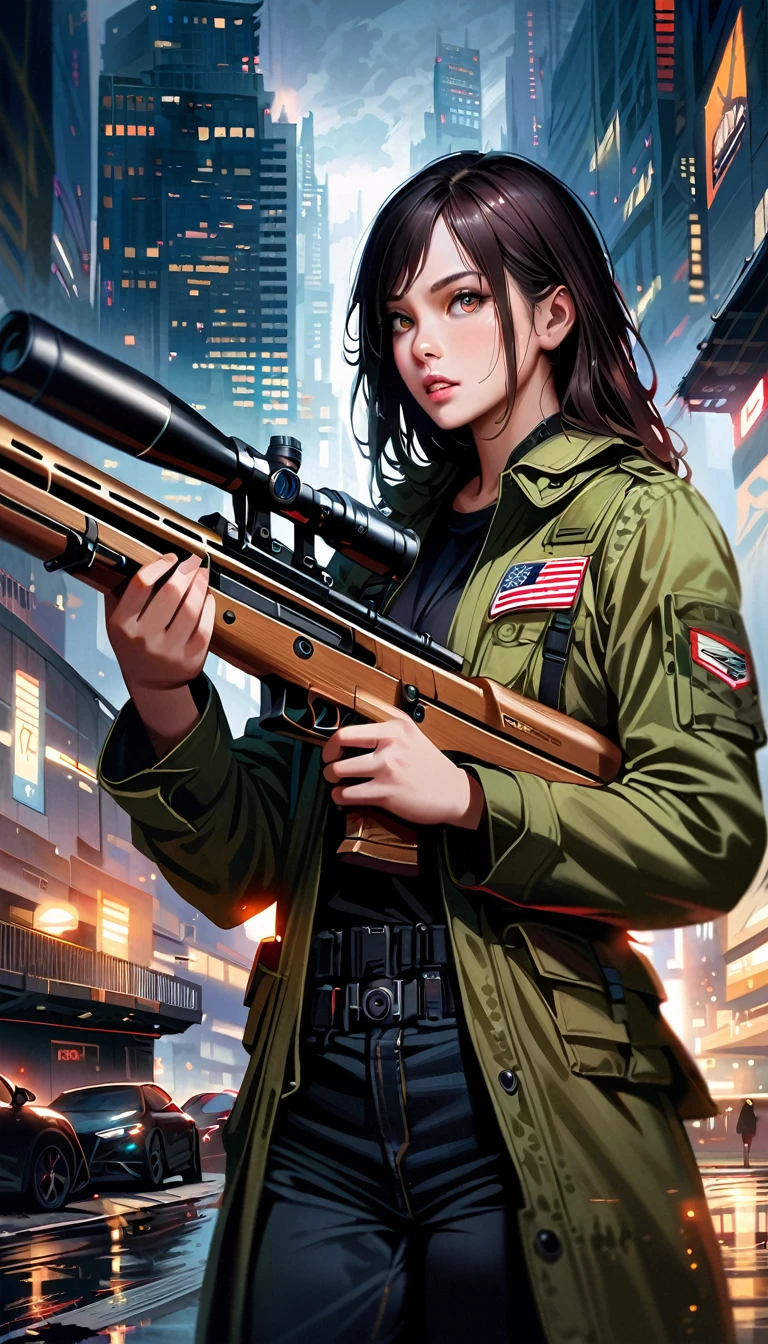 Cowboy shot, beautiful detailed eyes, beautiful detailed lips, extremely detailed eyes and face, longeyelashes, 1girl, female military sniper, holding huge sniper riffle (Snipex Alligator),  realistic, city camouflage, post-apocalitic city, skyscrapers roof, dark moody lighting, dramatic lighting, cinematic, high quality, 8k, ultra-realistic, masterpiece, award winning, photorealistic