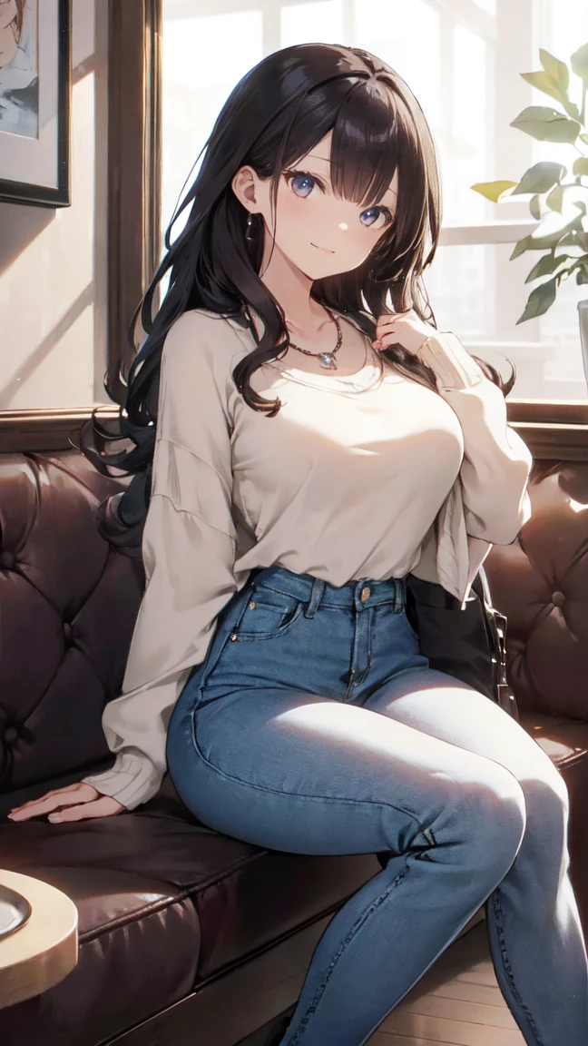 Best image quality, 8k, (Ultra-high resolution:1.5,Japanese,smile,Delicate eyes,Sensitive face,Attractive face,Long Black Hair、seated at a cozy café. She’s wearing a stylish sweater and jeans, with ankle boots and a simple necklace, her hair styled in a soft wave. The image captures her in a warm, inviting café setting, with a focus on her relaxed posture and the ambient light highlighting her face、Big Breasts、
