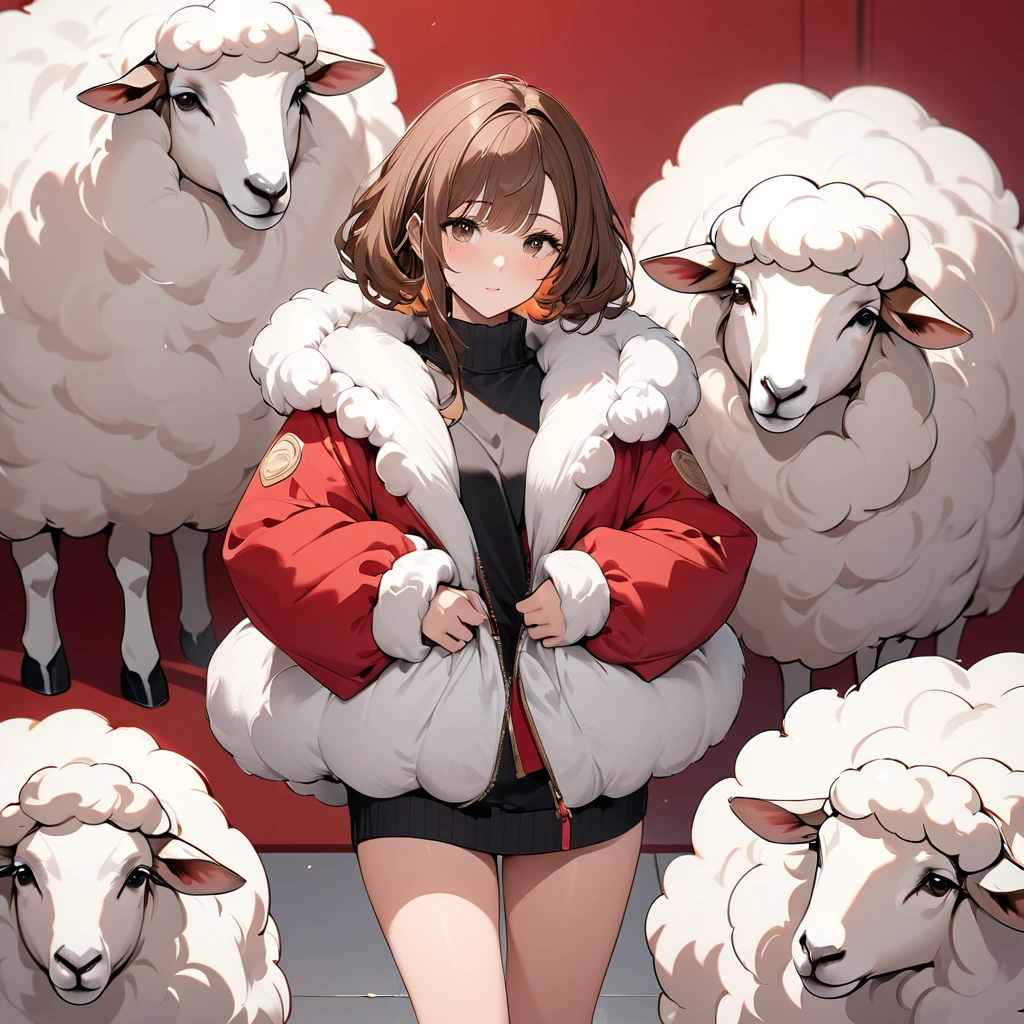 (masterpiece:1.2, Highest quality), 1 female, alone,Aries images,Brown-haired woman in fluffy clothes, Shortcuts, shape, Sheep images,The background is solid red
