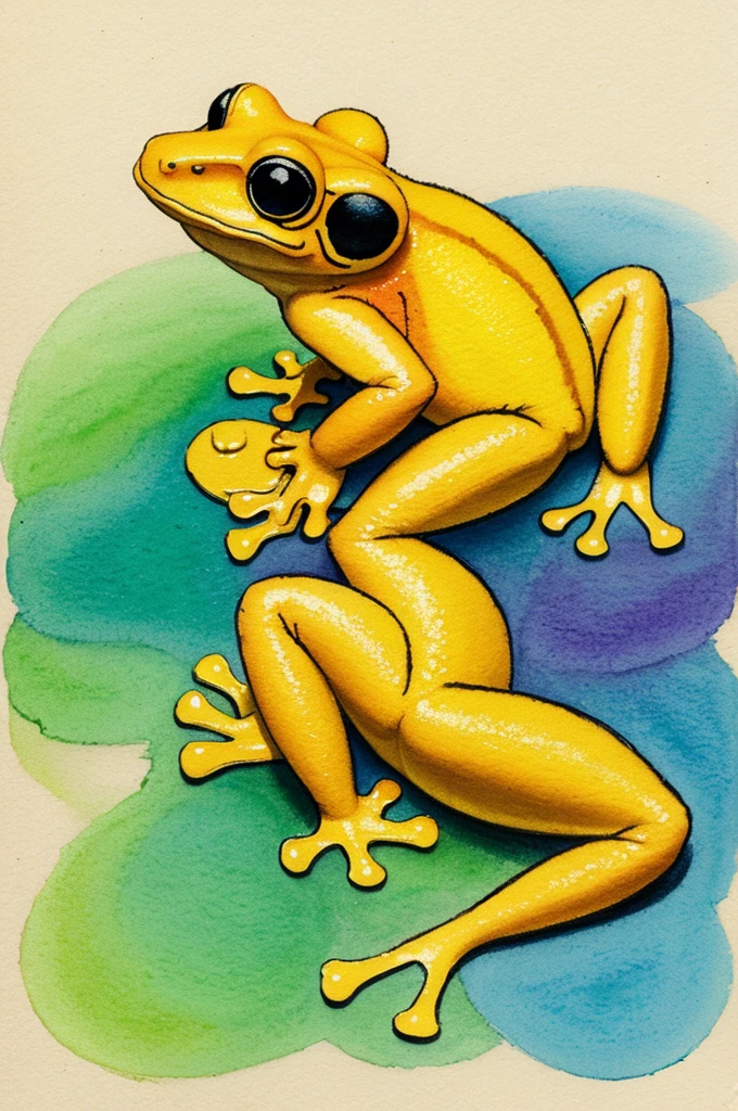 A lineless drawing of a golden poison frog using pastel watercolours